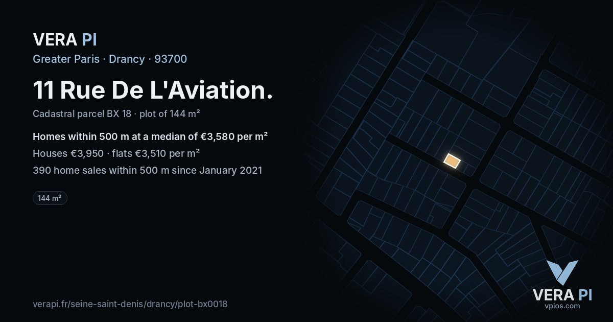 11 Rue De L'Aviation, Drancy at night – the plot lit, the parcels around coloured by the prices near them