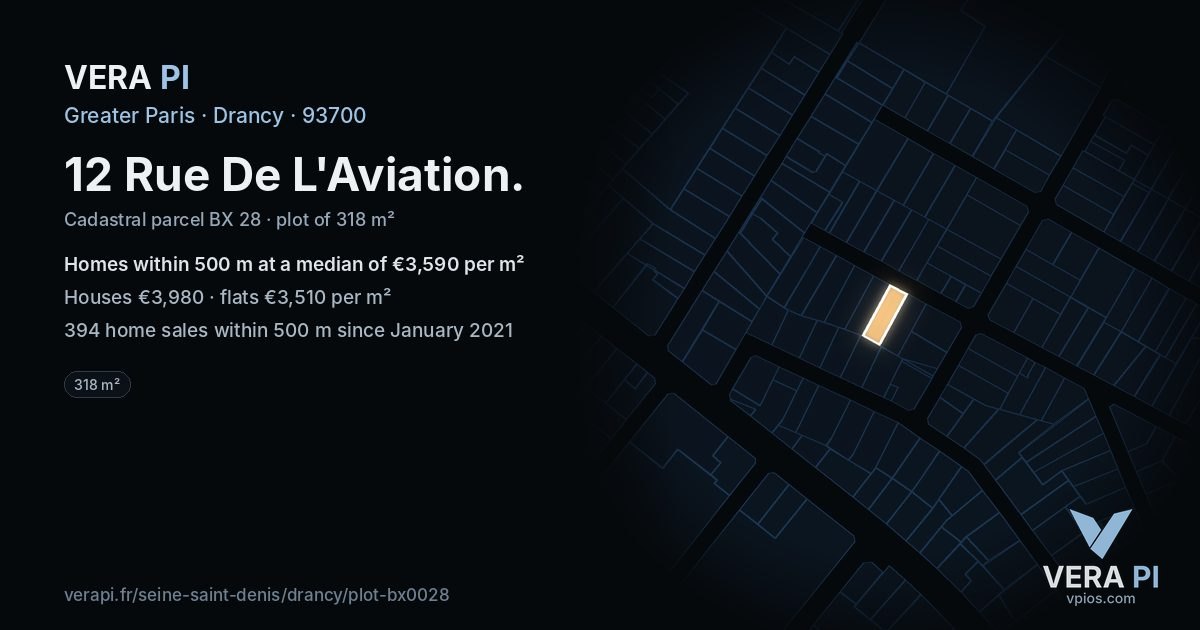 12 Rue De L'Aviation, Drancy at night – the plot lit, the parcels around coloured by the prices near them
