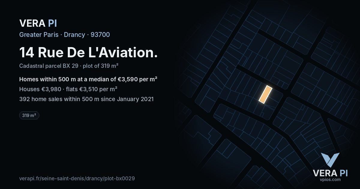 14 Rue De L'Aviation, Drancy at night – the plot lit, the parcels around coloured by the prices near them