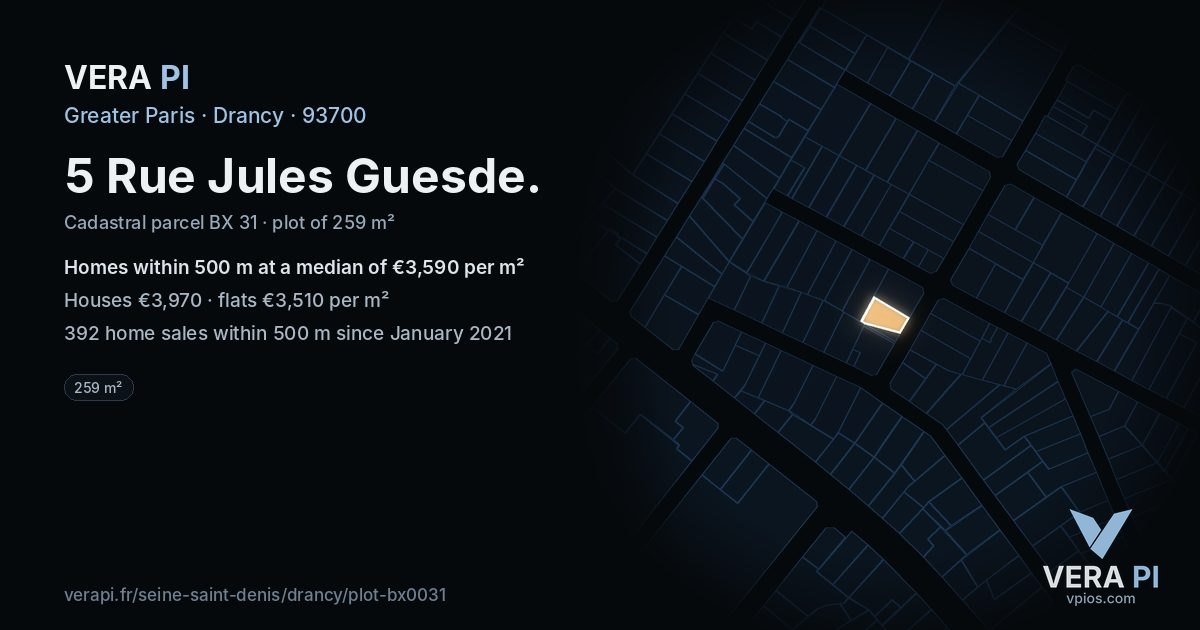 5 Rue Jules Guesde, Drancy at night – the plot lit, the parcels around coloured by the prices near them