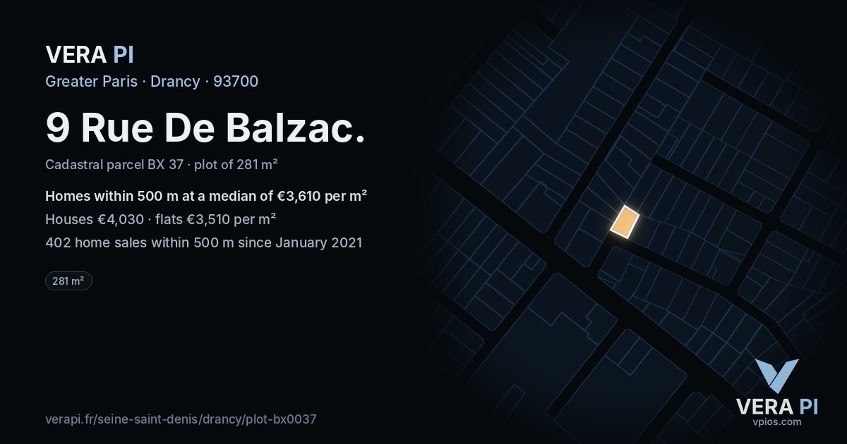 9 Rue De Balzac, Drancy at night – the plot lit, the parcels around coloured by the prices near them