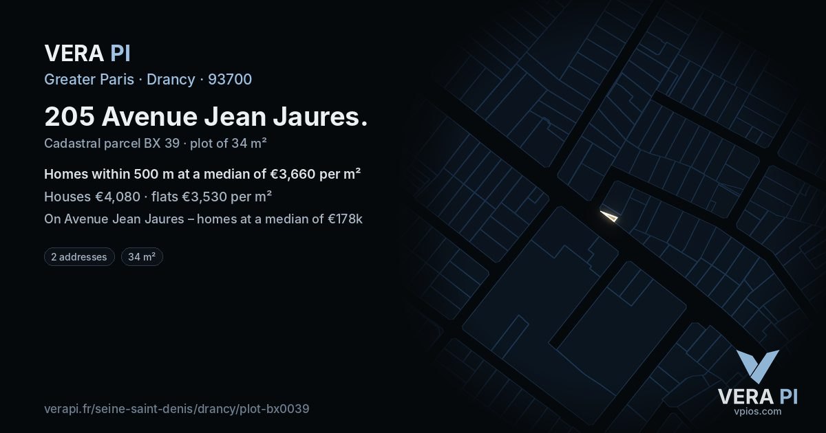 205 Avenue Jean Jaures, Drancy at night – the plot lit, the parcels around coloured by the prices near them