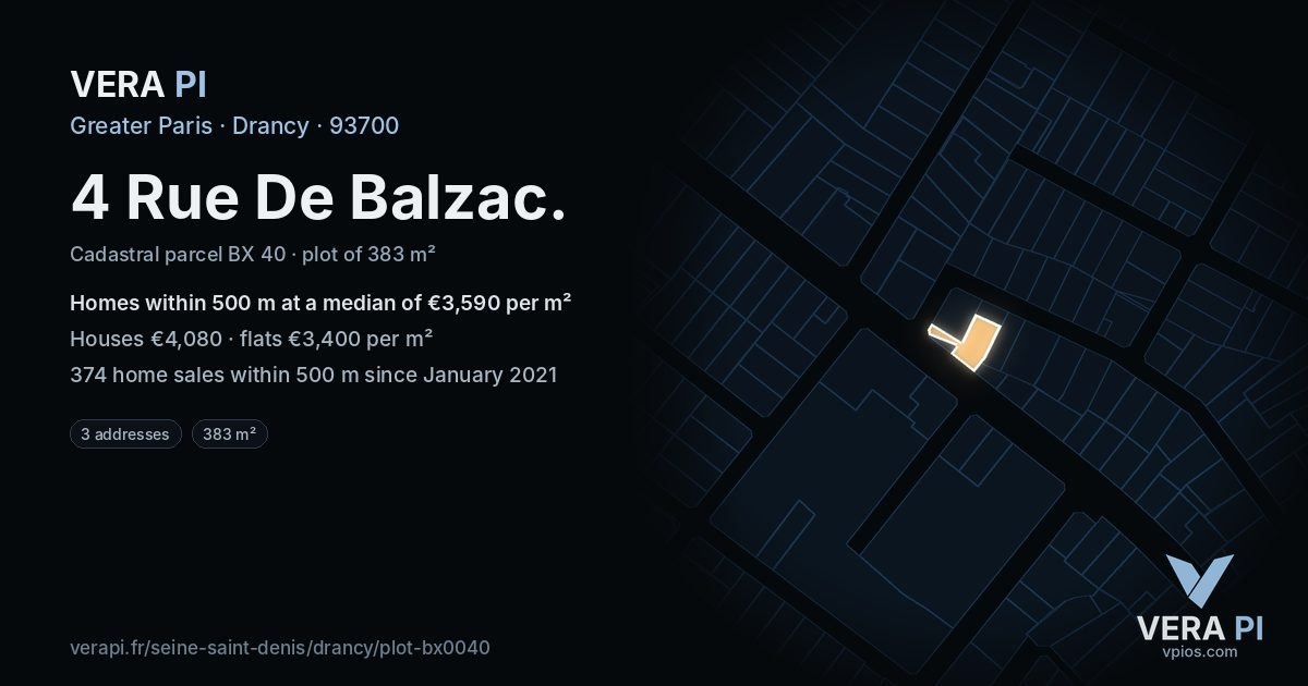 4 Rue De Balzac, Drancy at night – the plot lit, the parcels around coloured by the prices near them