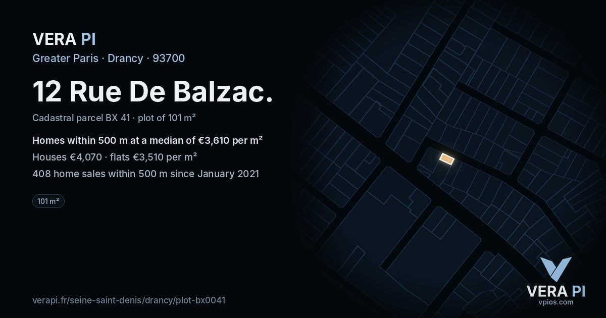 12 Rue De Balzac, Drancy at night – the plot lit, the parcels around coloured by the prices near them