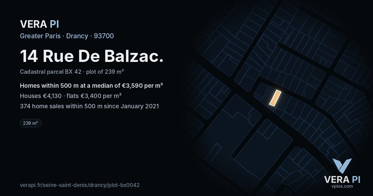 14 Rue De Balzac, Drancy at night – the plot lit, the parcels around coloured by the prices near them