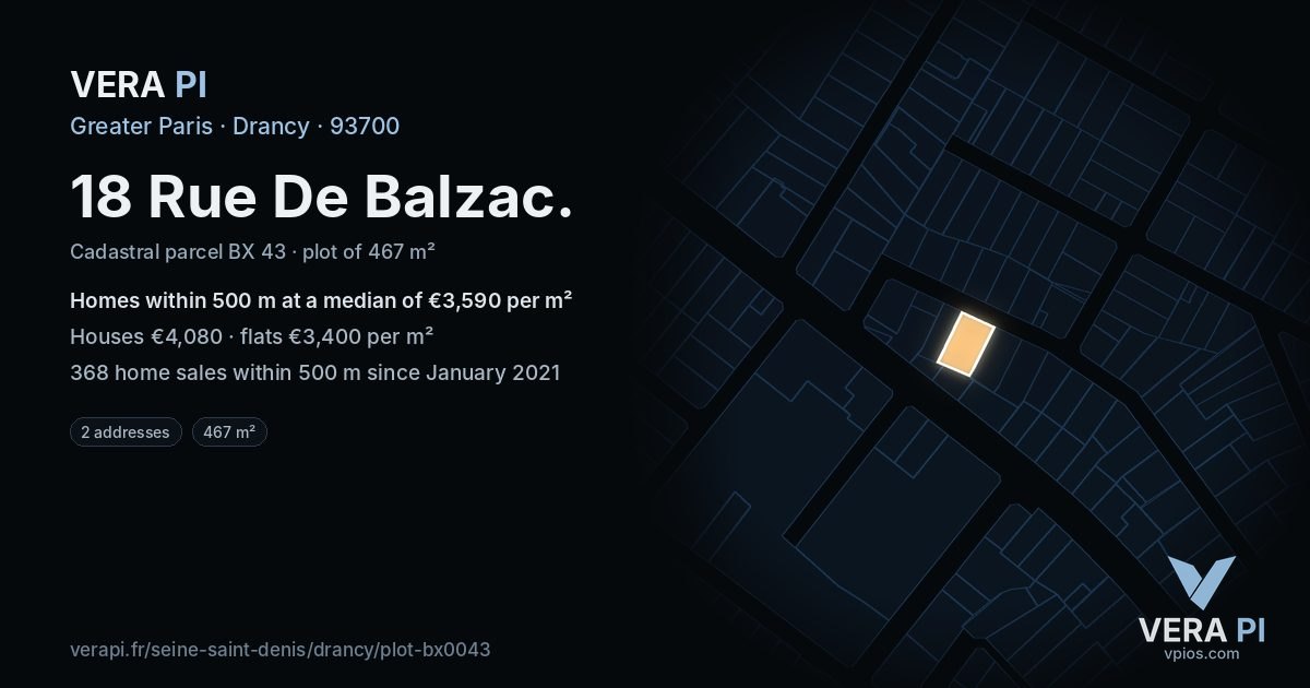 18 Rue De Balzac, Drancy at night – the plot lit, the parcels around coloured by the prices near them