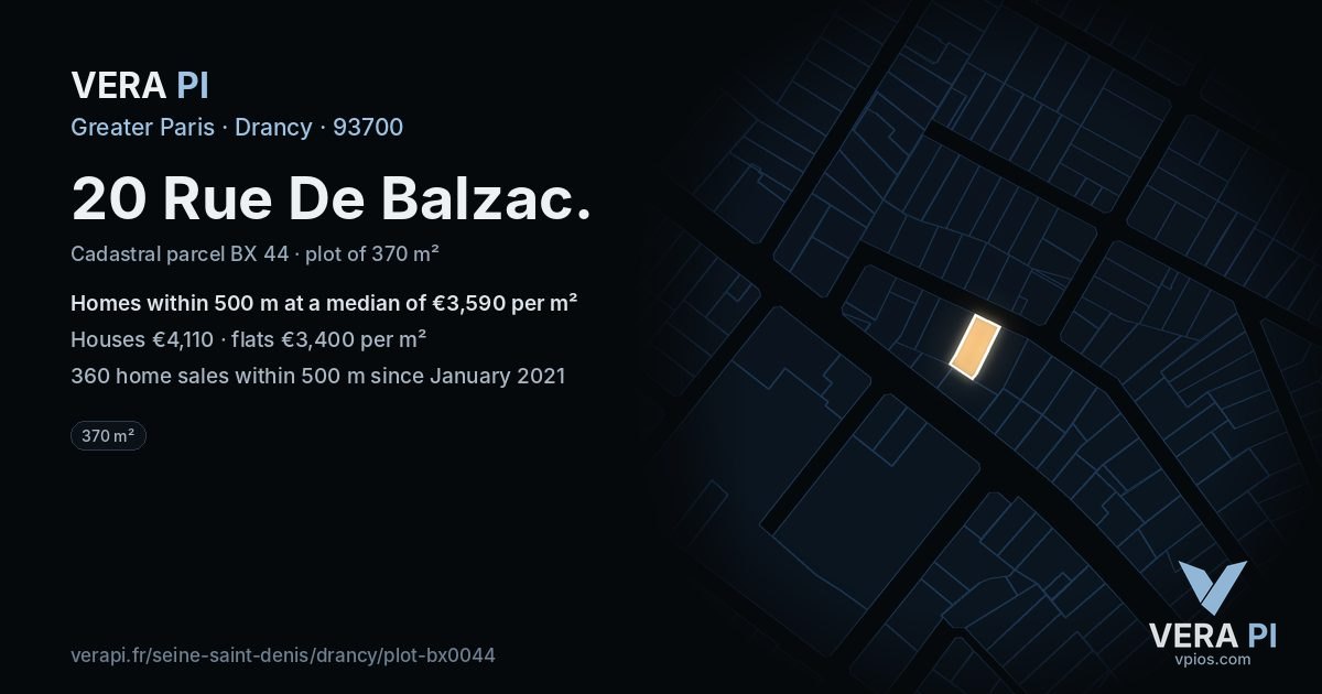 20 Rue De Balzac, Drancy at night – the plot lit, the parcels around coloured by the prices near them