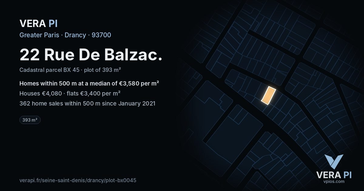 22 Rue De Balzac, Drancy at night – the plot lit, the parcels around coloured by the prices near them