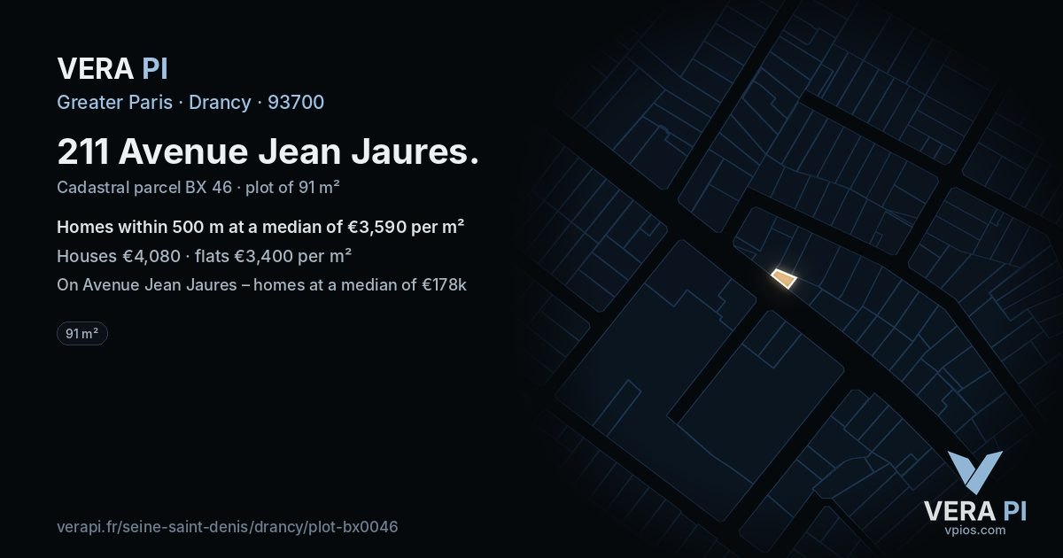 211 Avenue Jean Jaures, Drancy at night – the plot lit, the parcels around coloured by the prices near them