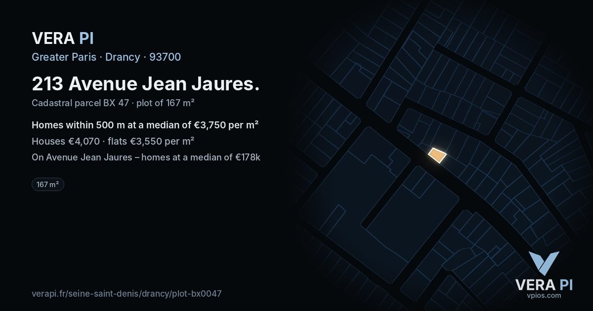 213 Avenue Jean Jaures, Drancy at night – the plot lit, the parcels around coloured by the prices near them