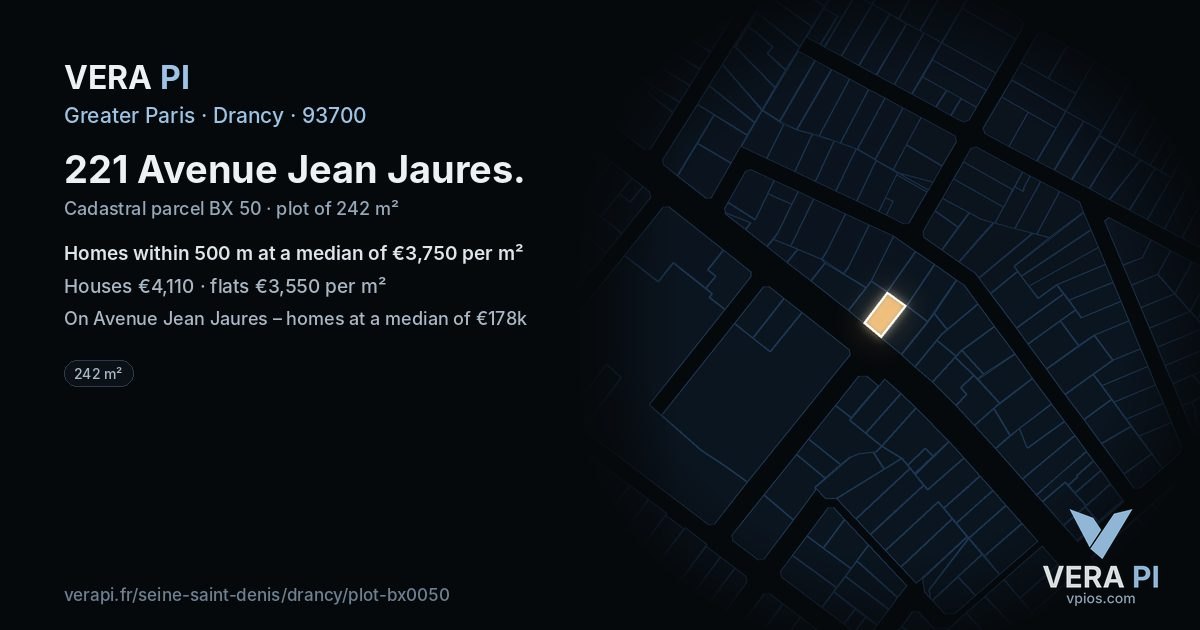 221 Avenue Jean Jaures, Drancy at night – the plot lit, the parcels around coloured by the prices near them