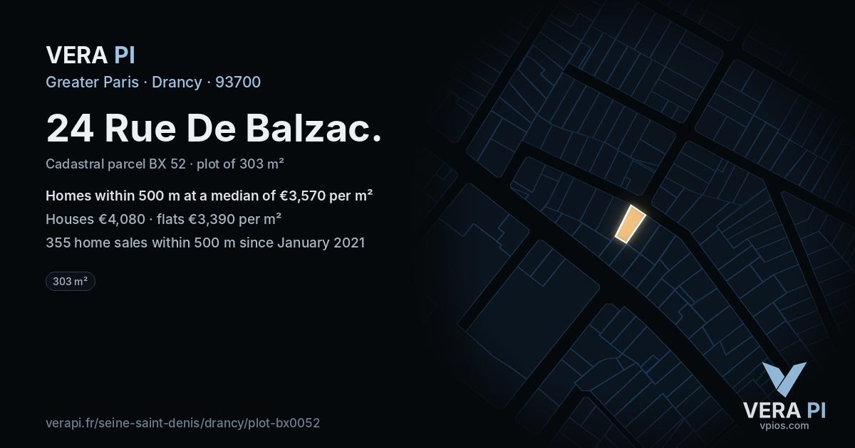 24 Rue De Balzac, Drancy at night – the plot lit, the parcels around coloured by the prices near them