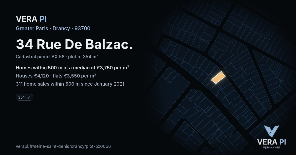 34 Rue De Balzac, Drancy at night – the plot lit, the parcels around coloured by the prices near them
