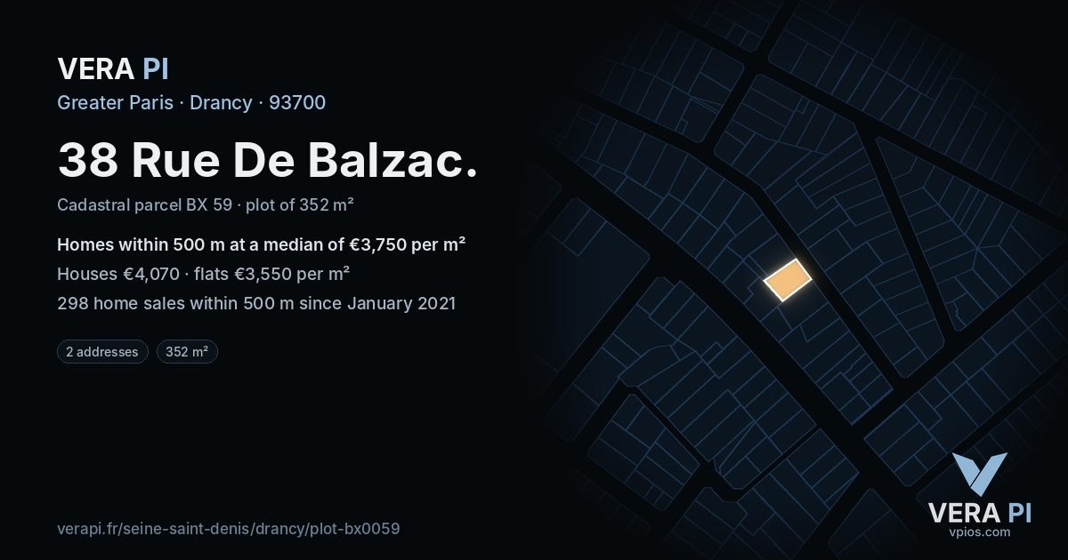 38 Rue De Balzac, Drancy at night – the plot lit, the parcels around coloured by the prices near them