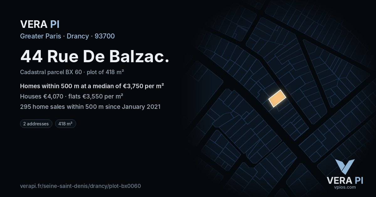 44 Rue De Balzac, Drancy at night – the plot lit, the parcels around coloured by the prices near them