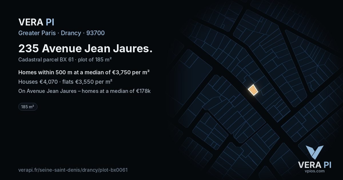 235 Avenue Jean Jaures, Drancy at night – the plot lit, the parcels around coloured by the prices near them