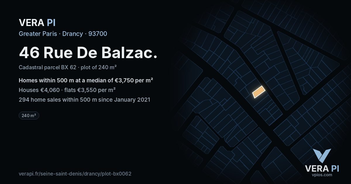 46 Rue De Balzac, Drancy at night – the plot lit, the parcels around coloured by the prices near them