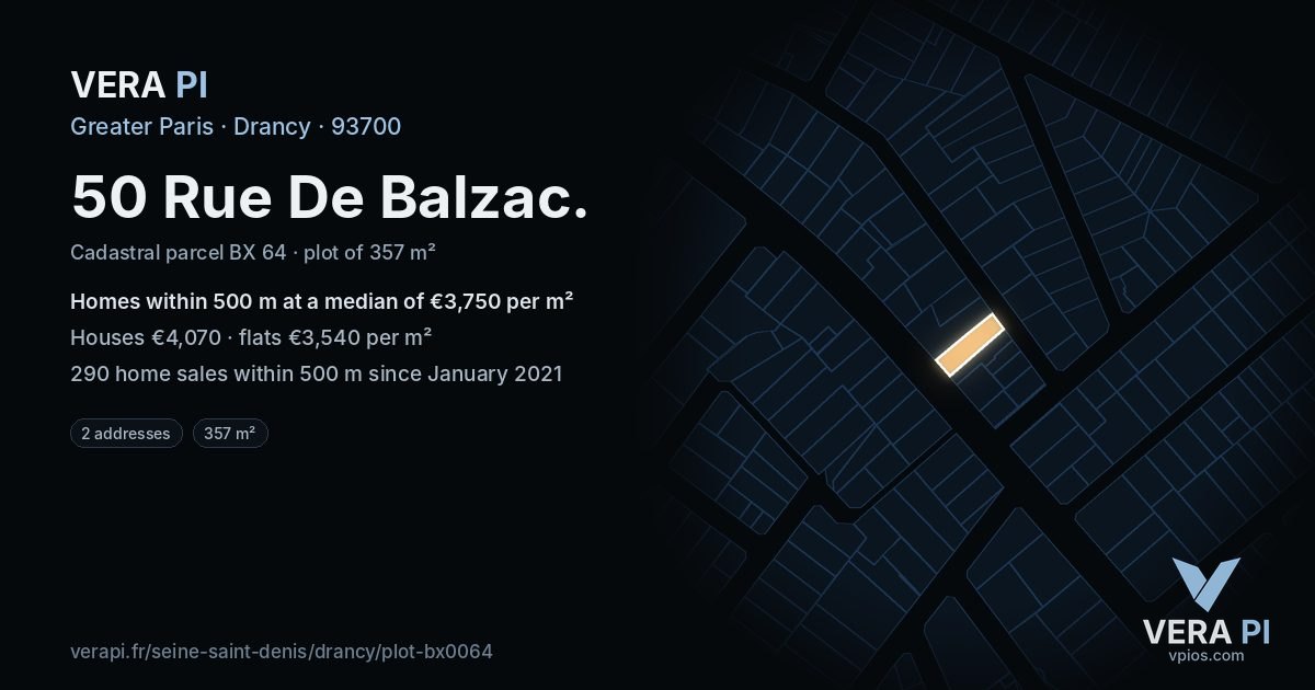 50 Rue De Balzac, Drancy at night – the plot lit, the parcels around coloured by the prices near them