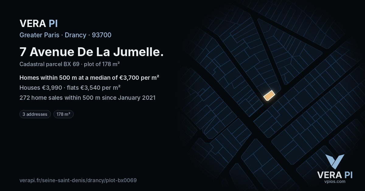 7 Avenue De La Jumelle, Drancy at night – the plot lit, the parcels around coloured by the prices near them
