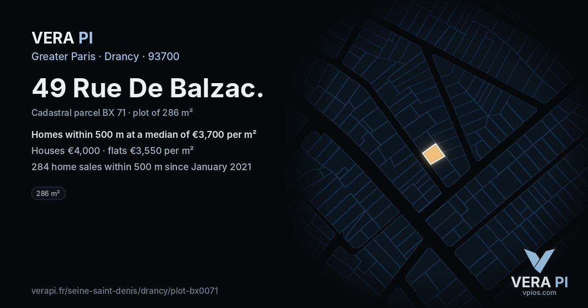 49 Rue De Balzac, Drancy at night – the plot lit, the parcels around coloured by the prices near them