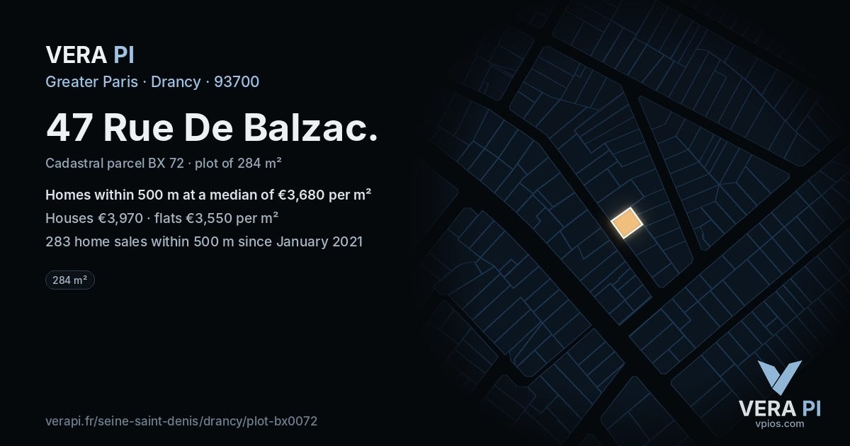 47 Rue De Balzac, Drancy at night – the plot lit, the parcels around coloured by the prices near them