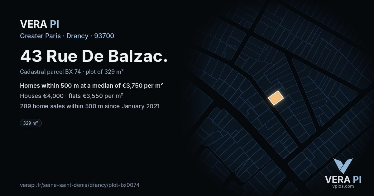 43 Rue De Balzac, Drancy at night – the plot lit, the parcels around coloured by the prices near them