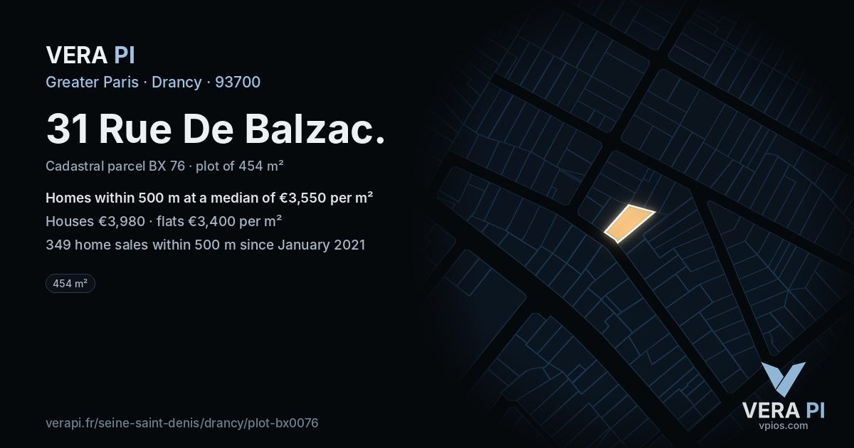 31 Rue De Balzac, Drancy at night – the plot lit, the parcels around coloured by the prices near them