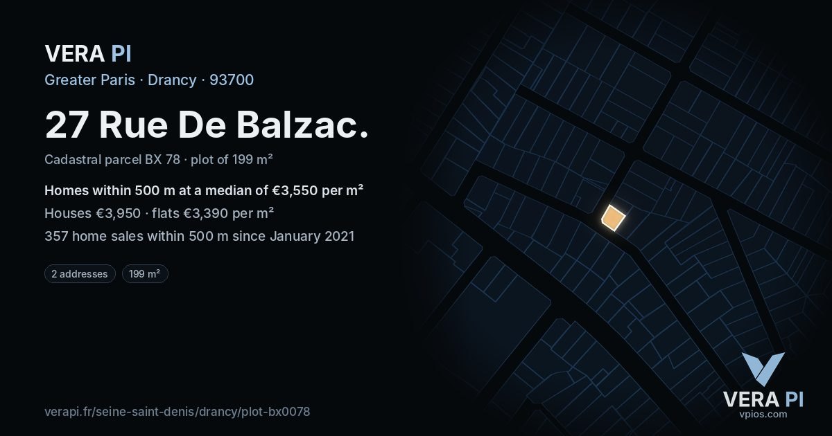 27 Rue De Balzac, Drancy at night – the plot lit, the parcels around coloured by the prices near them