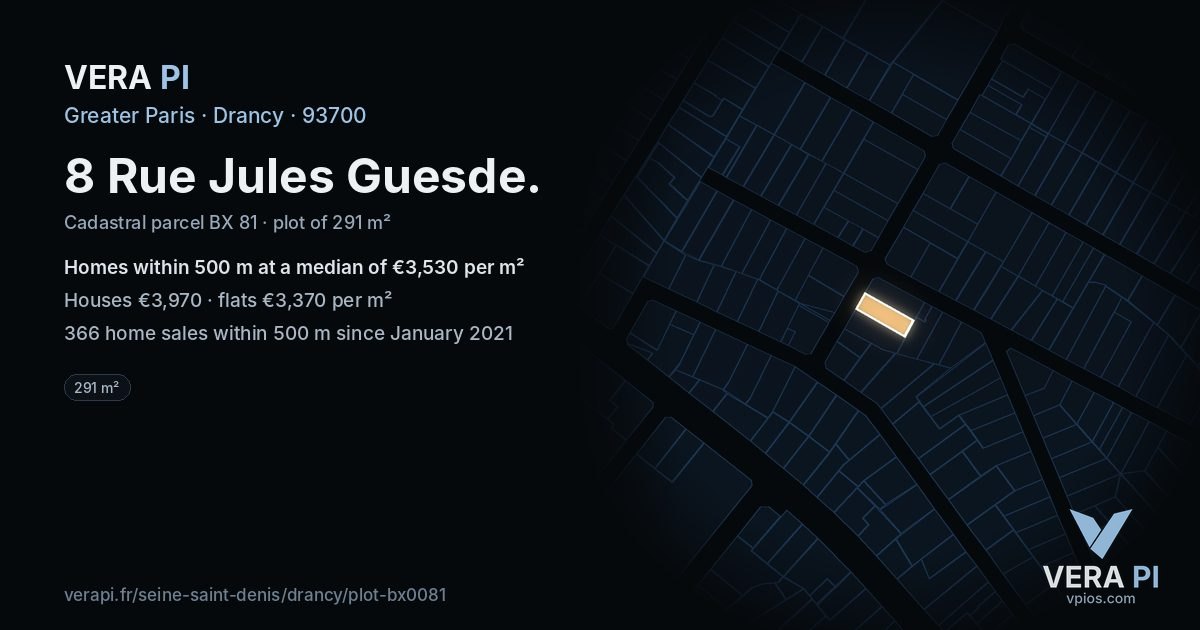 8 Rue Jules Guesde, Drancy at night – the plot lit, the parcels around coloured by the prices near them