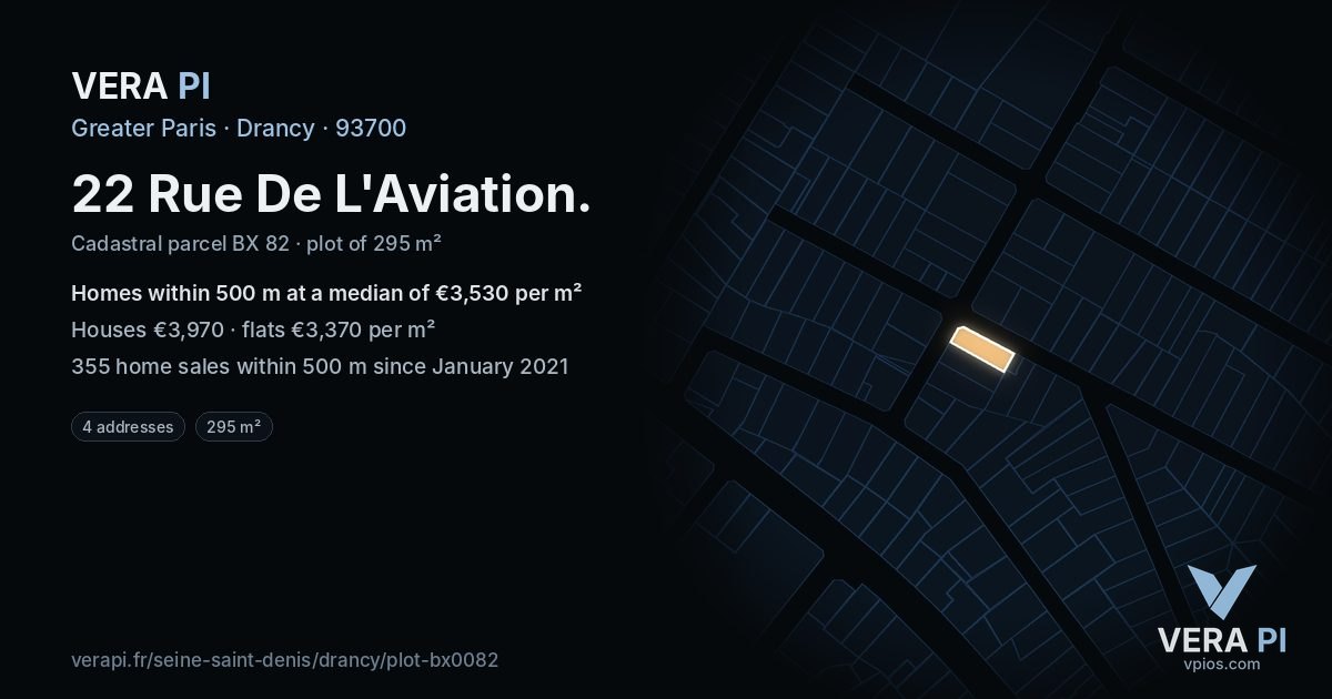 22 Rue De L'Aviation, Drancy at night – the plot lit, the parcels around coloured by the prices near them