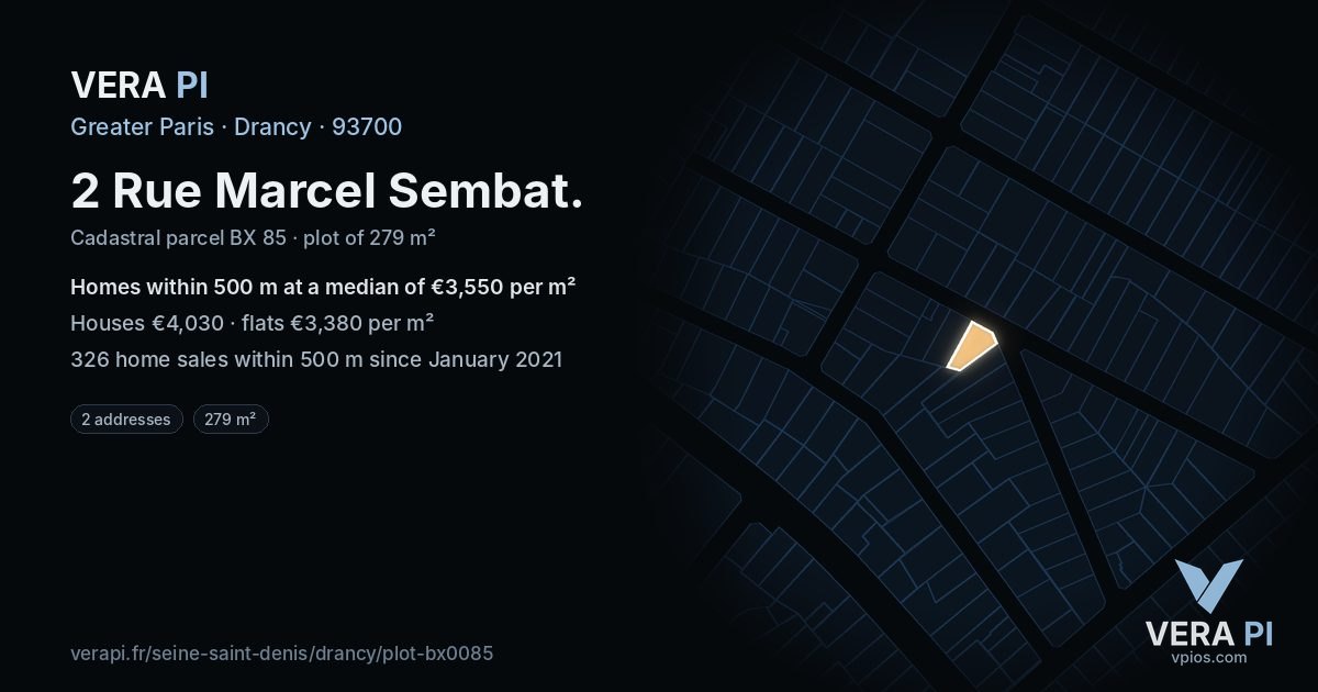 2 Rue Marcel Sembat, Drancy at night – the plot lit, the parcels around coloured by the prices near them