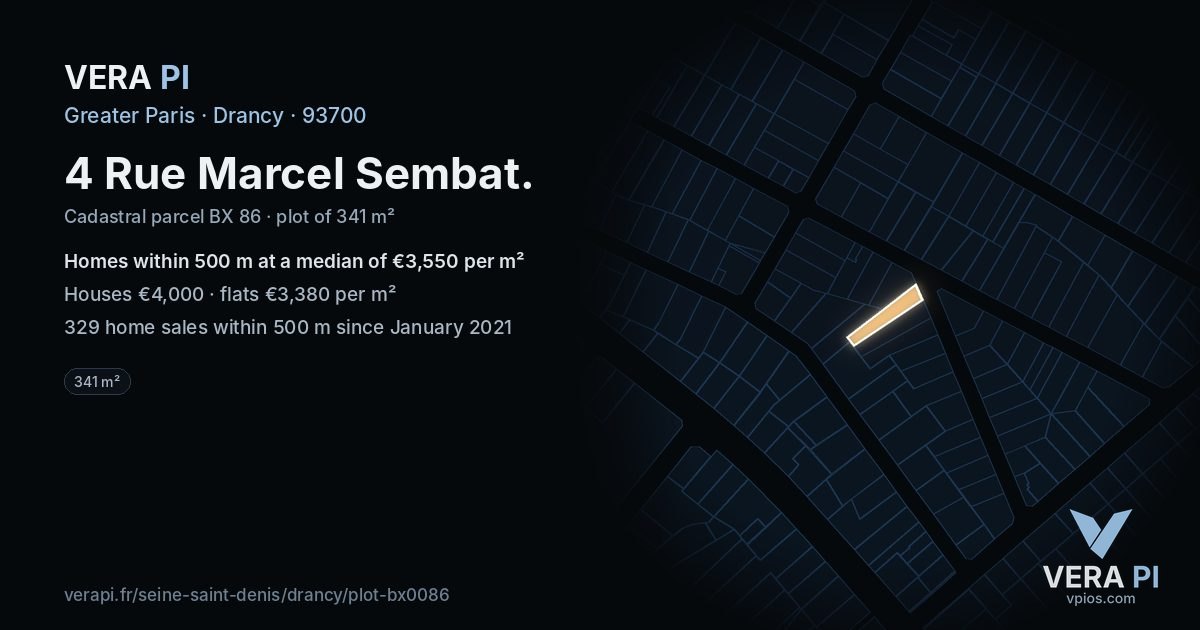 4 Rue Marcel Sembat, Drancy at night – the plot lit, the parcels around coloured by the prices near them