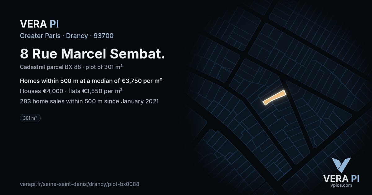 8 Rue Marcel Sembat, Drancy at night – the plot lit, the parcels around coloured by the prices near them