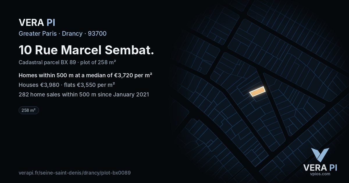 10 Rue Marcel Sembat, Drancy at night – the plot lit, the parcels around coloured by the prices near them