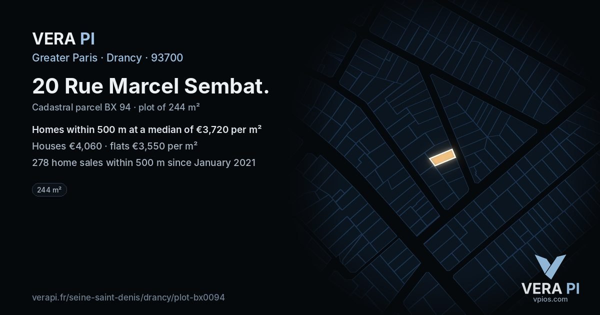 20 Rue Marcel Sembat, Drancy at night – the plot lit, the parcels around coloured by the prices near them