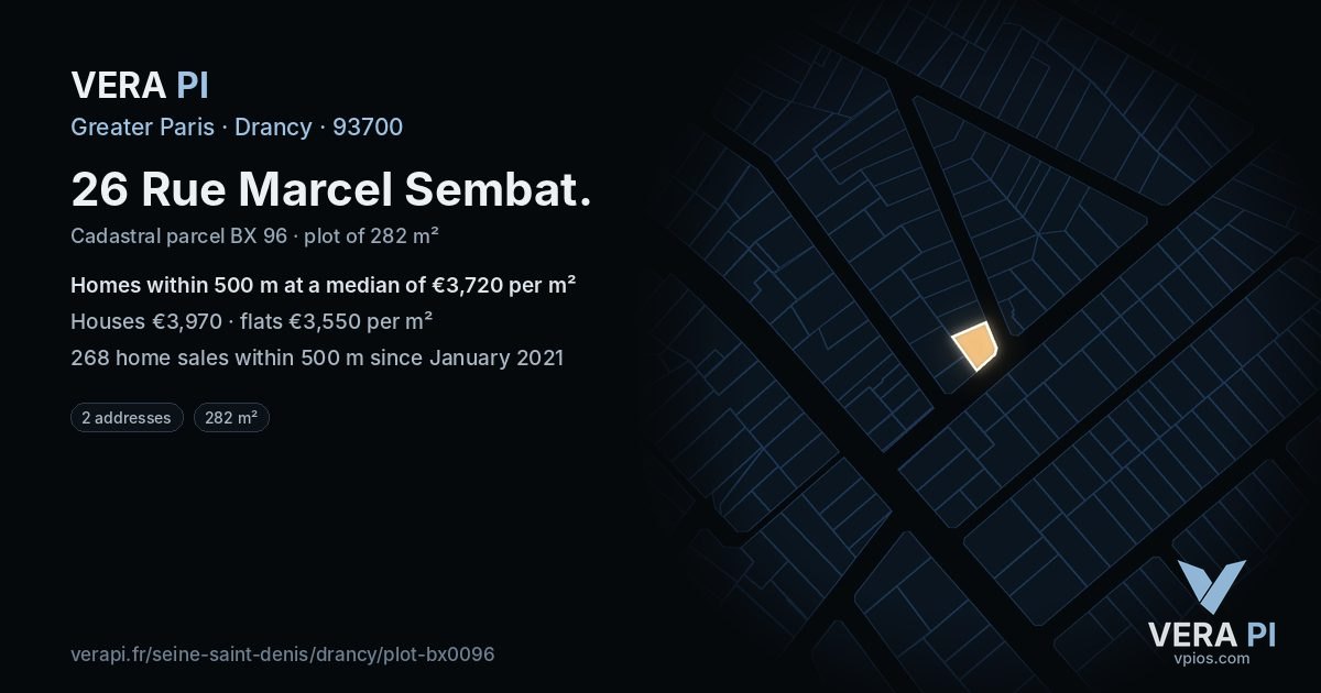 26 Rue Marcel Sembat, Drancy at night – the plot lit, the parcels around coloured by the prices near them