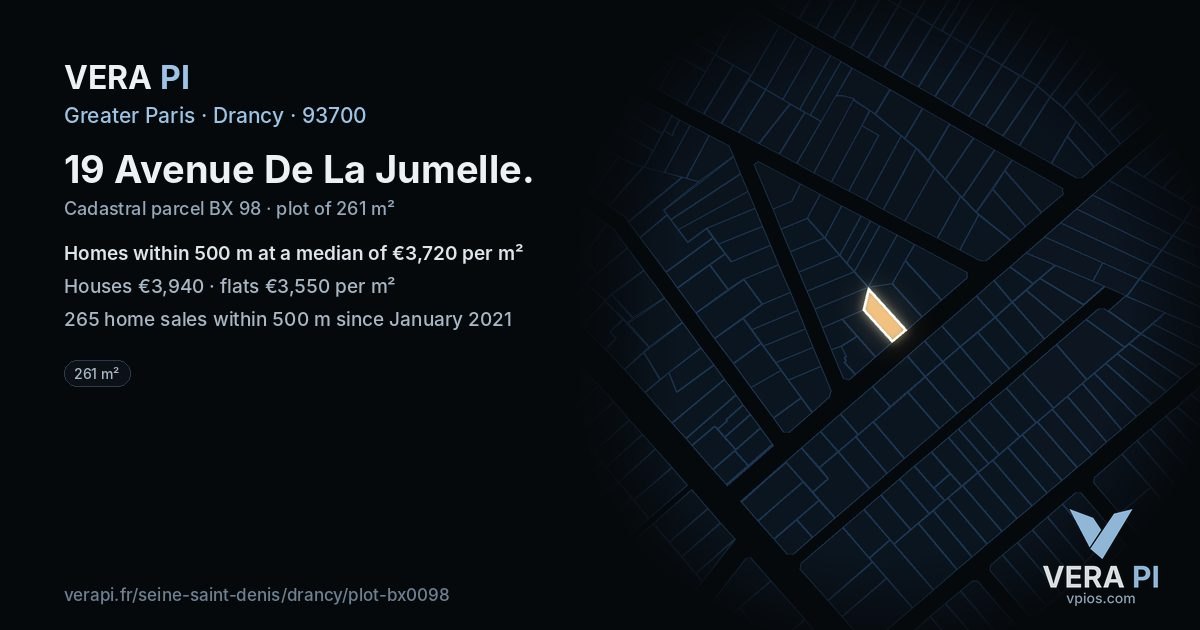 19 Avenue De La Jumelle, Drancy at night – the plot lit, the parcels around coloured by the prices near them