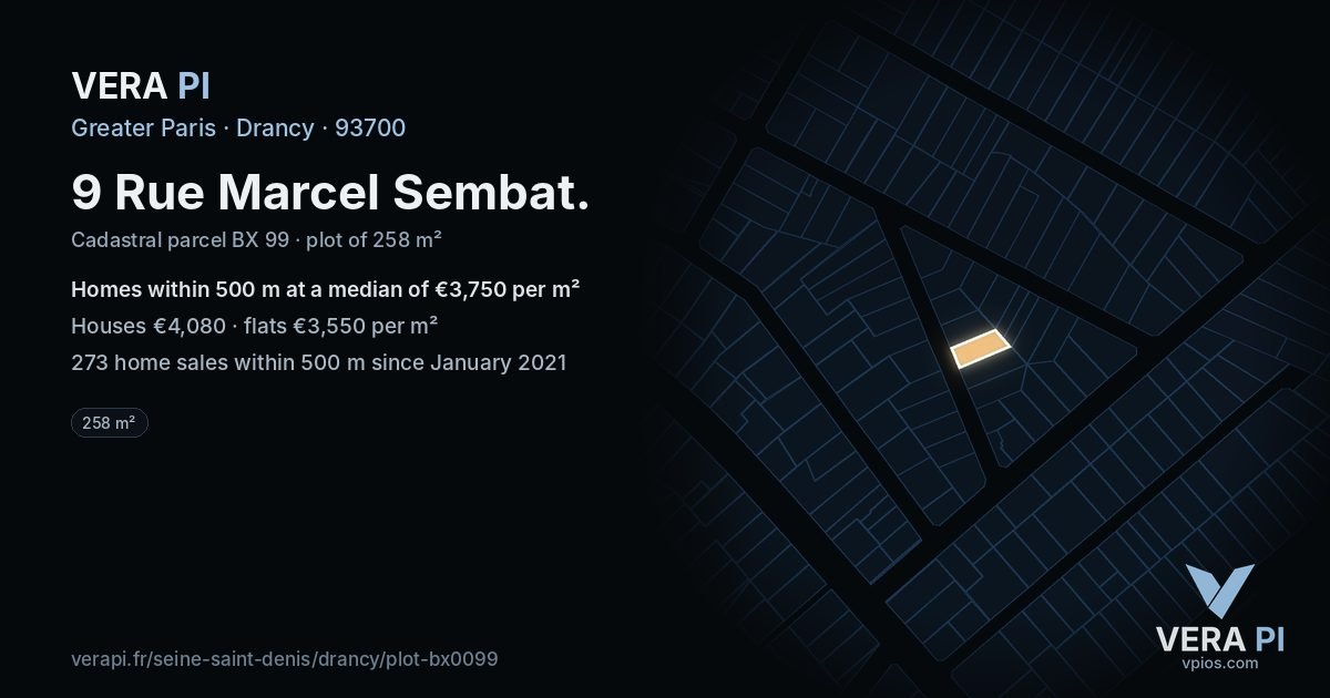 9 Rue Marcel Sembat, Drancy at night – the plot lit, the parcels around coloured by the prices near them