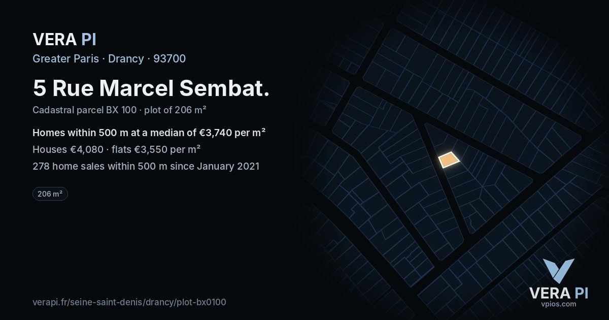5 Rue Marcel Sembat, Drancy at night – the plot lit, the parcels around coloured by the prices near them