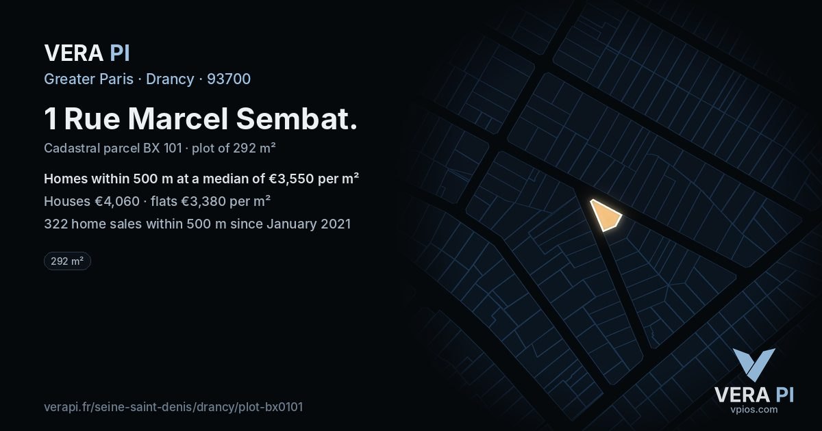 1 Rue Marcel Sembat, Drancy at night – the plot lit, the parcels around coloured by the prices near them