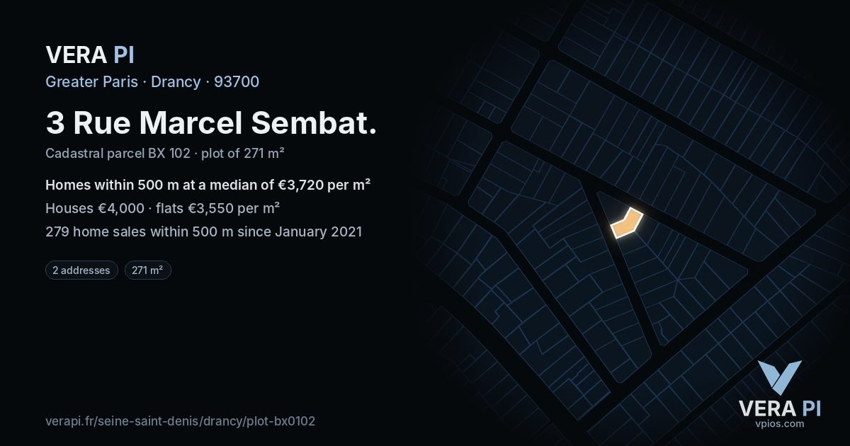 3 Rue Marcel Sembat, Drancy at night – the plot lit, the parcels around coloured by the prices near them