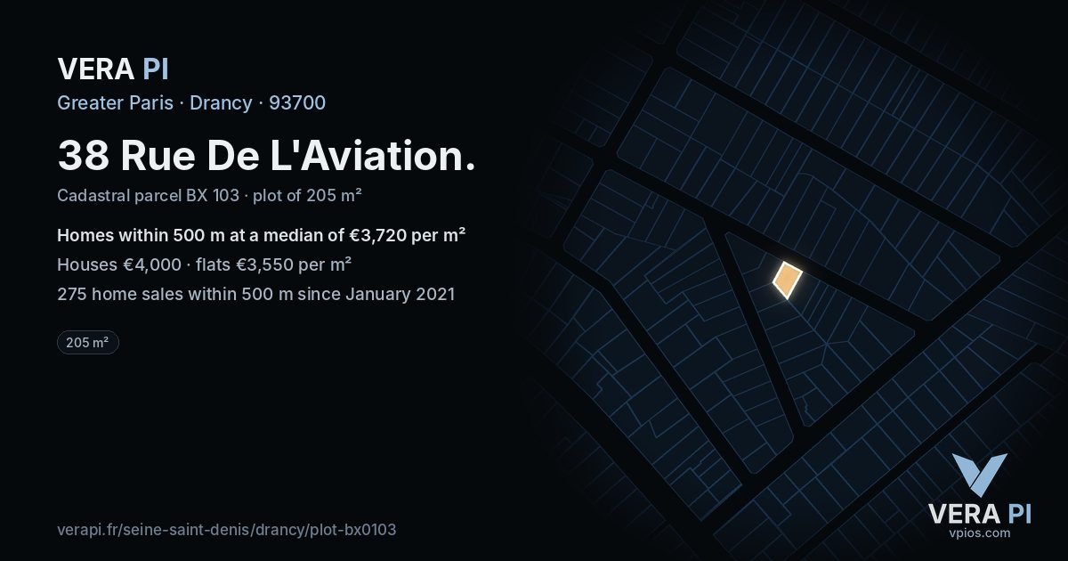 38 Rue De L'Aviation, Drancy at night – the plot lit, the parcels around coloured by the prices near them