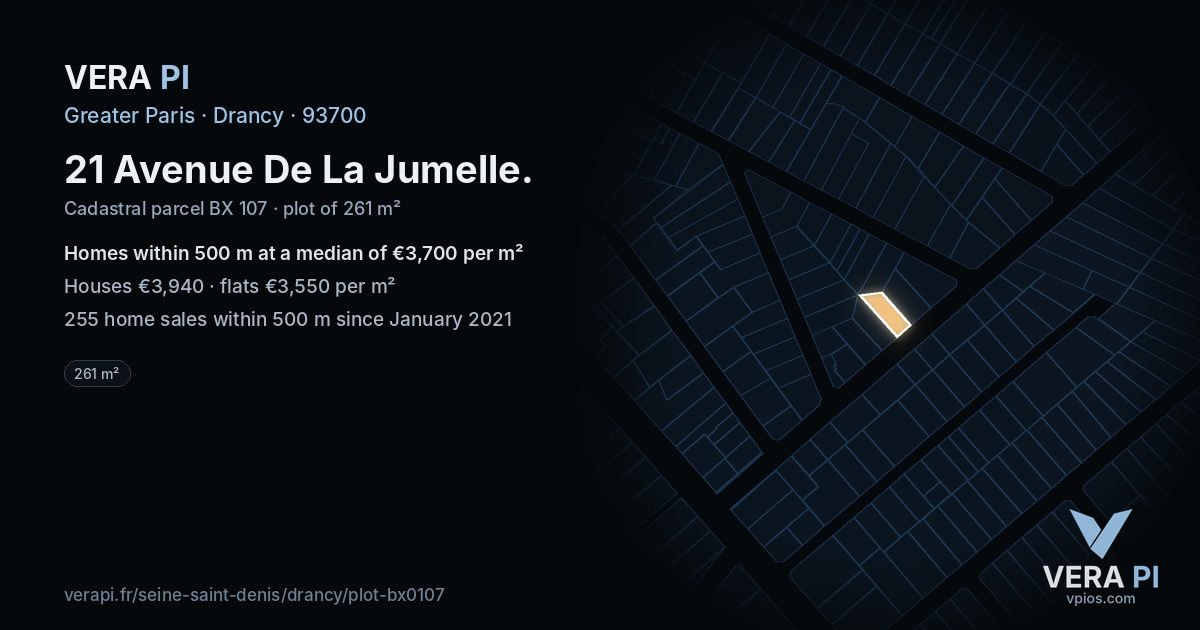 21 Avenue De La Jumelle, Drancy at night – the plot lit, the parcels around coloured by the prices near them