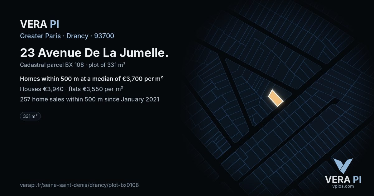 23 Avenue De La Jumelle, Drancy at night – the plot lit, the parcels around coloured by the prices near them