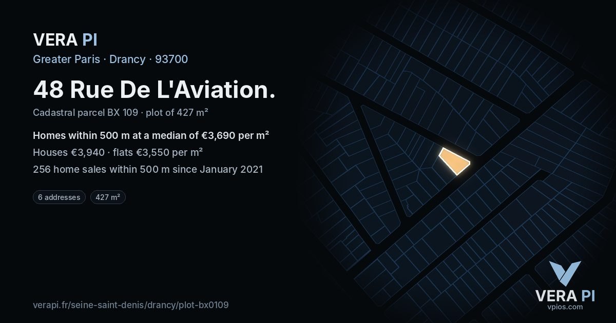 48 Rue De L'Aviation, Drancy at night – the plot lit, the parcels around coloured by the prices near them