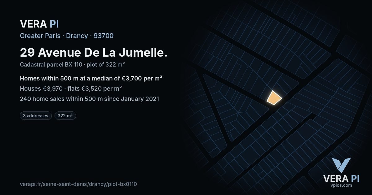 29 Avenue De La Jumelle, Drancy at night – the plot lit, the parcels around coloured by the prices near them