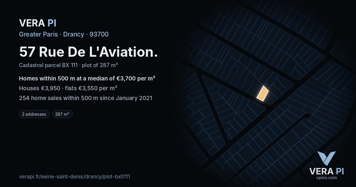 57 Rue De L'Aviation, Drancy at night – the plot lit, the parcels around coloured by the prices near them