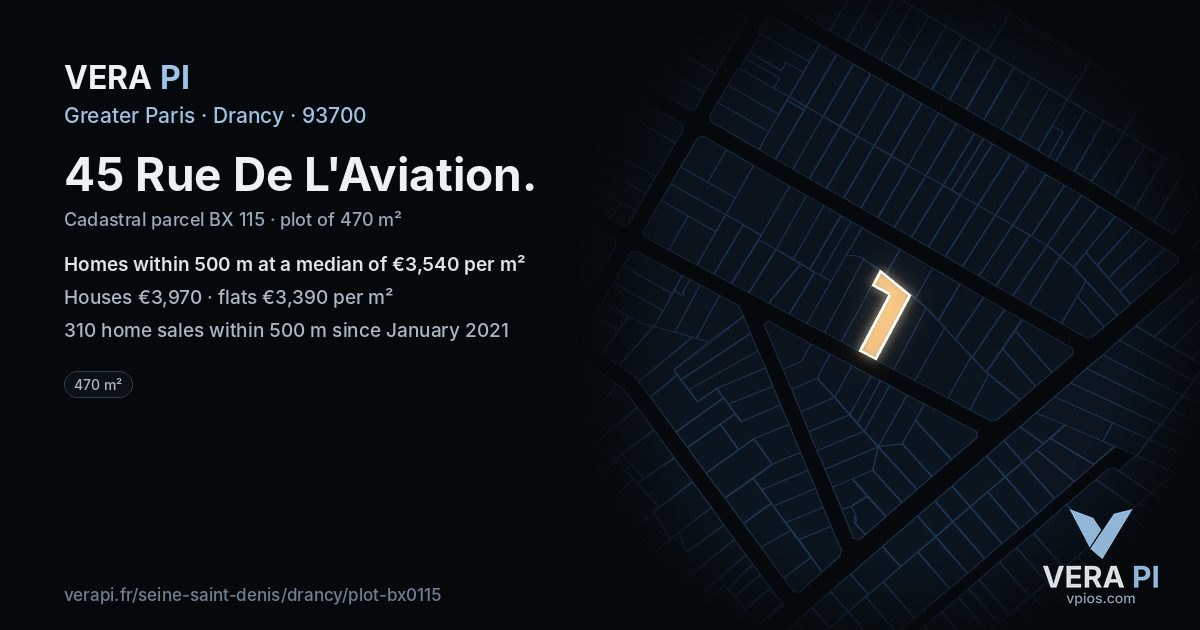 45 Rue De L'Aviation, Drancy at night – the plot lit, the parcels around coloured by the prices near them
