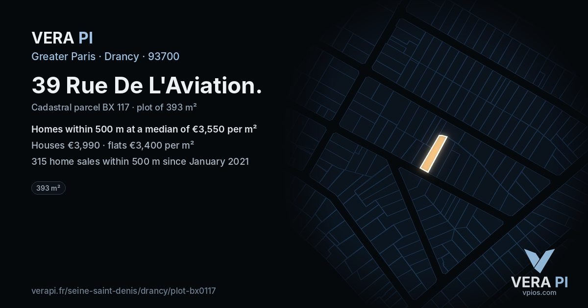 39 Rue De L'Aviation, Drancy at night – the plot lit, the parcels around coloured by the prices near them