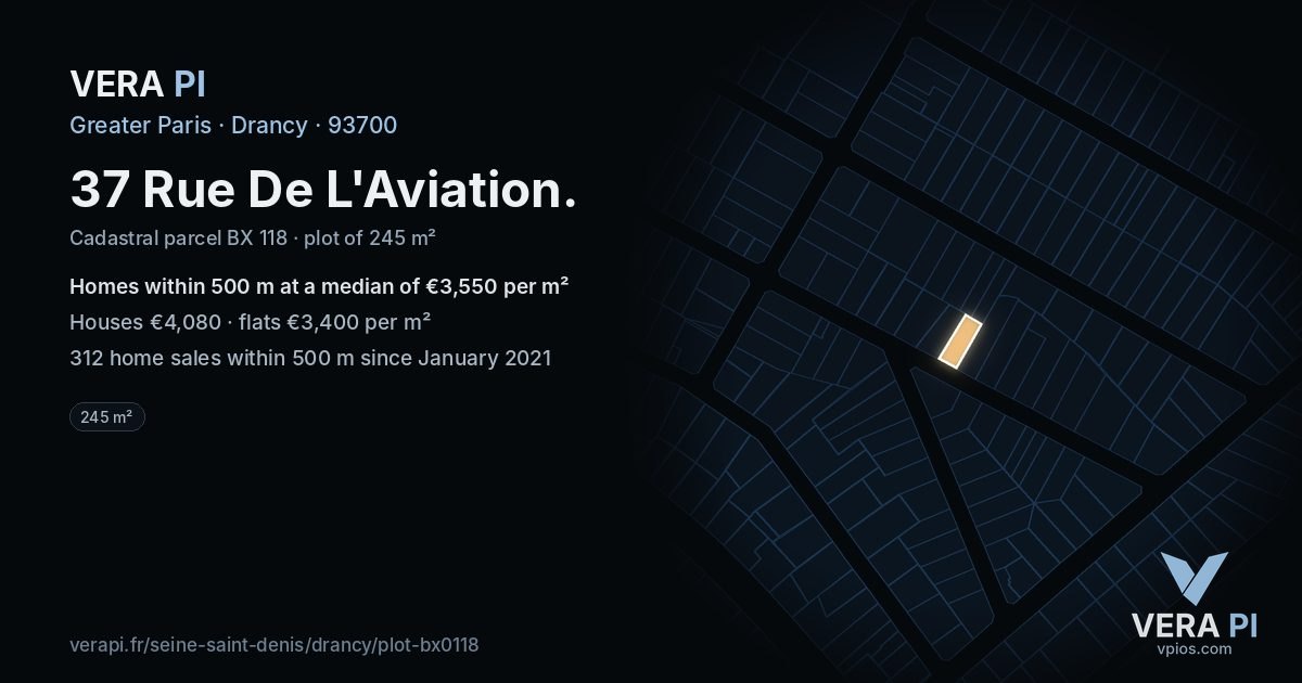 37 Rue De L'Aviation, Drancy at night – the plot lit, the parcels around coloured by the prices near them